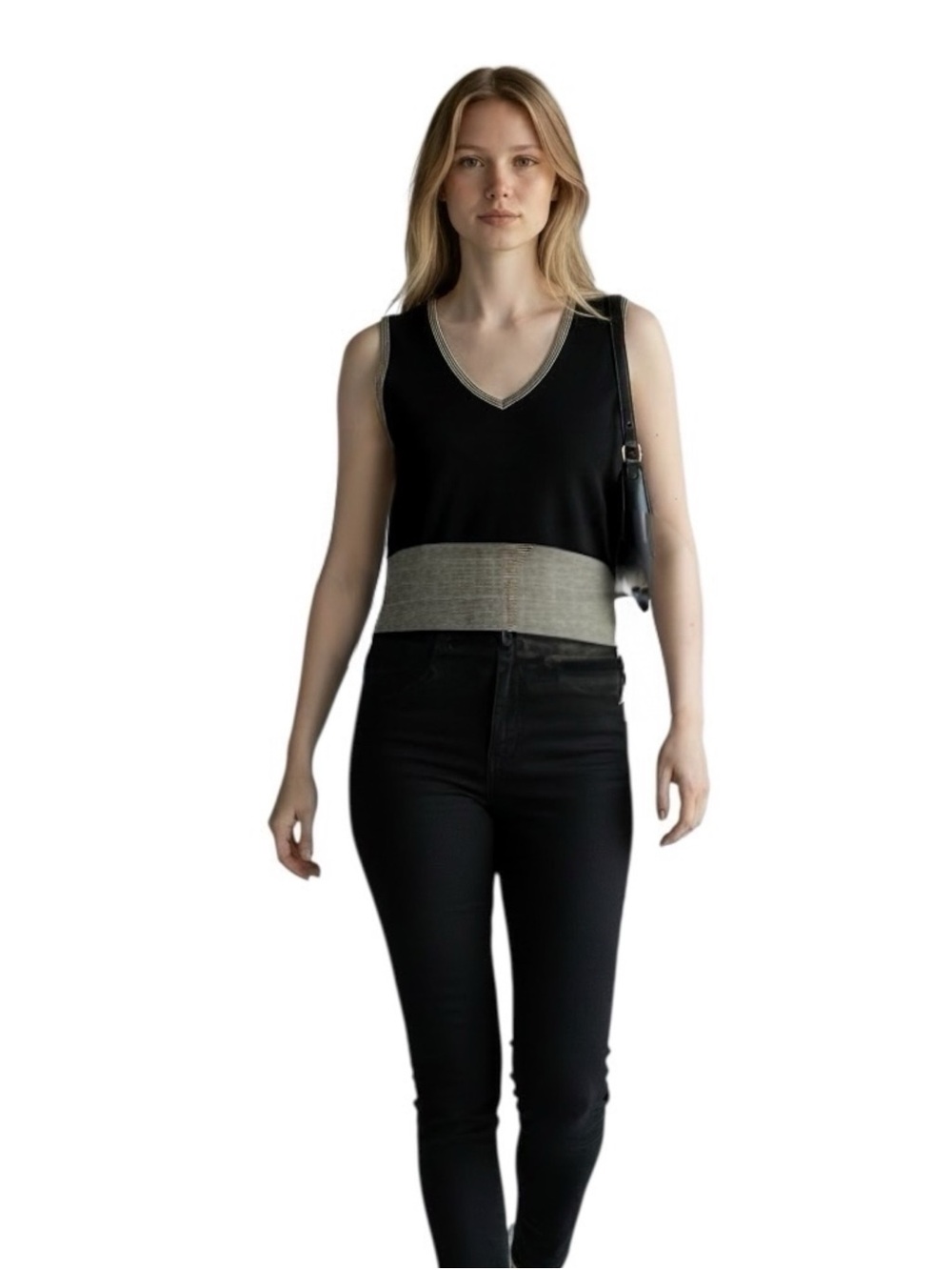 Sarah Spencer Black Knit Tank with Gray Stripe Detail